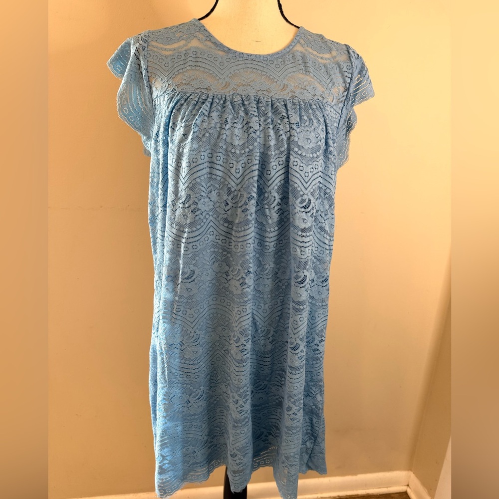 Speechless dainty bright blue lace midi shift dress short sleeves pleated SZ LG